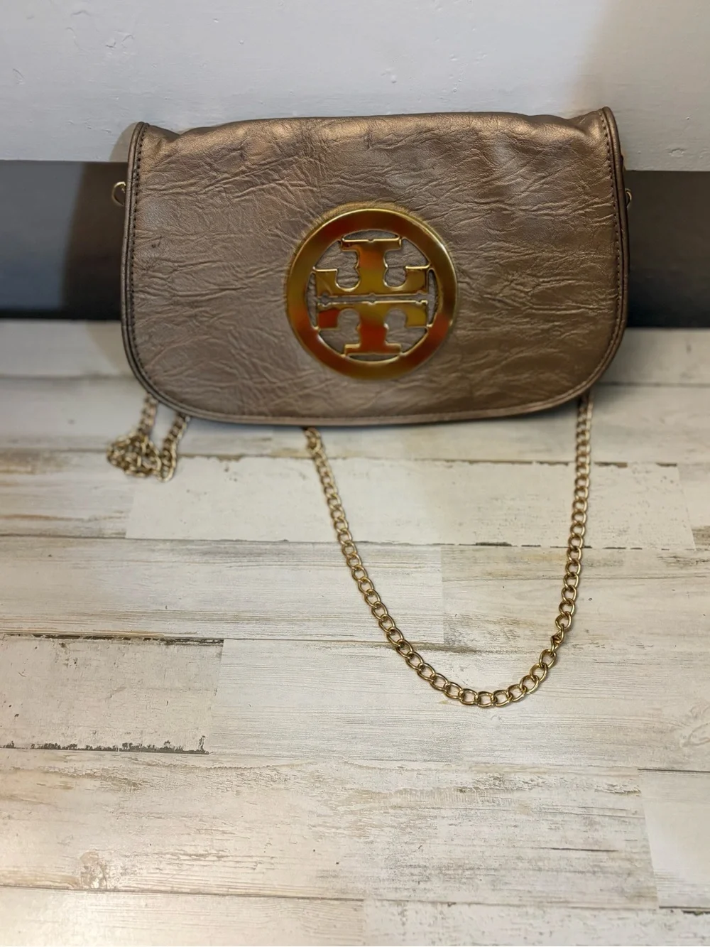 Tory Burch Metallic Taupe Crossbody with Gold Logo Chain